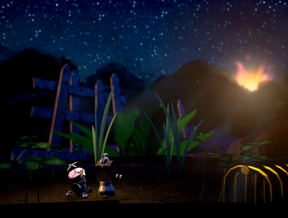 A shot of two robots watching an explosion in the distance at night.