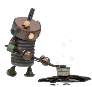 The main character using a brush to scrub goo.