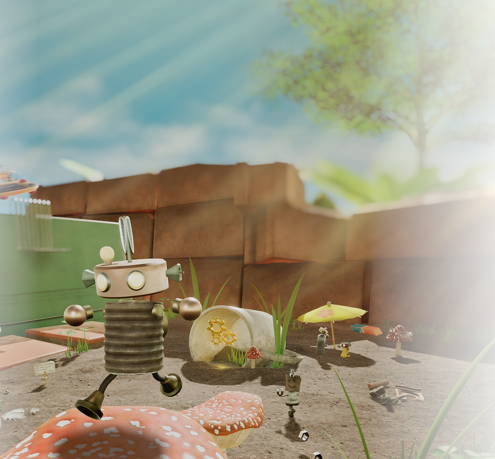 A sunny backyard with two robots playing and bouncing on mushrooms.