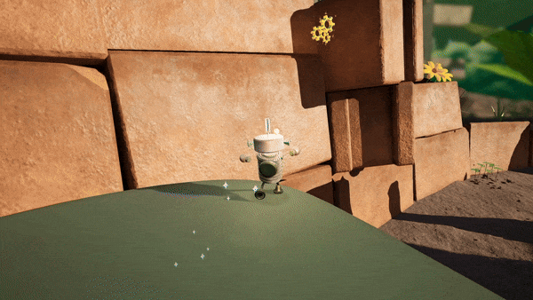 A scene of the main character jumping to collect a golden cog.