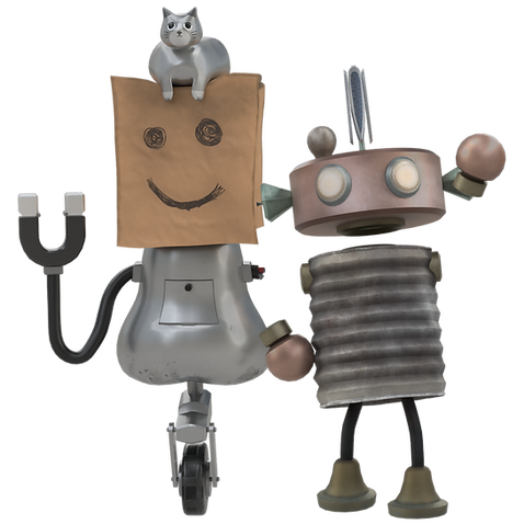 A picture of Buddy and Bag Boy. Buddy is a short robot made of a grey can with a propellor on his head. Bag Boy is taller and has a strange bag with a drawn on face. On his head is his cat Flick.