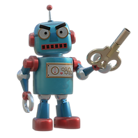 A render of a blue angry robot.